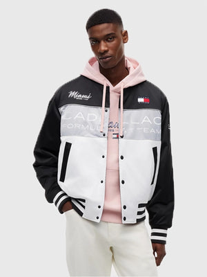 Tommy Hilfiger x Cadillac 2026 F1 Team Miami Varsity Jacket featuring bold racing-inspired graphics and classic varsity construction