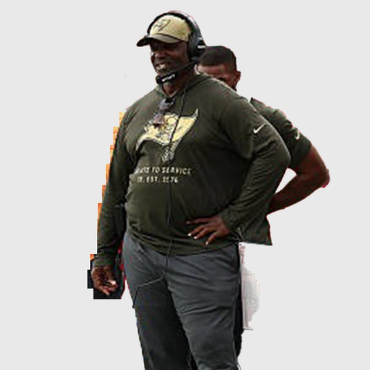 Coach Todd Bowles Tampa Bay Buccaneers olive green hooded shirt designed for warmth and athletic style.