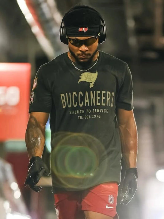 Tampa Bay Buccaneers 2025 Salute to Service olive green sideline T-shirt designed for comfort and performance.