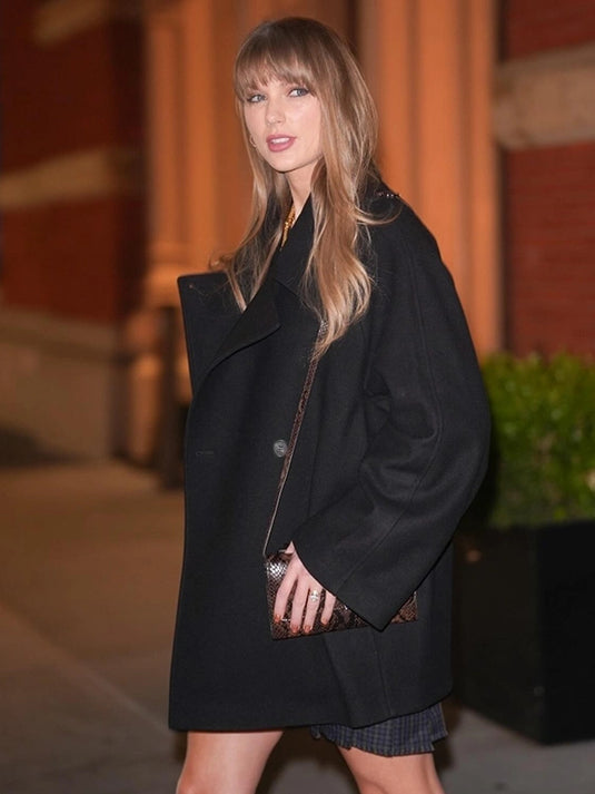 Taylor Swift 2025 Night Out black wool coat featuring a sleek, timeless silhouette.