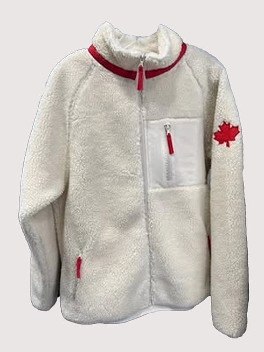 White RECREATED Shane Hollander Team Canada sherpa fleece jacket combining warmth and casual outerwear appeal