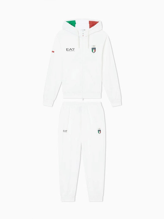 Recreated EA7 Emporio Armani Team Italy Milano Cortina 2026 white tracksuit with a sleek athletic finish