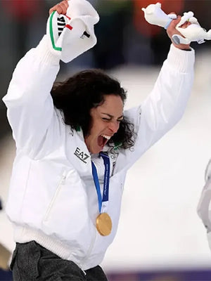 White EA7 Team Italy alpine jacket Federica Brignone Milano Cortina 2026 design with refined detailing and winter sport aesthetic