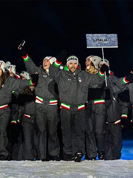 Recreated EA7 Emporio Armani Team Italy bomber jacket in charcoal grey, combining Olympic heritage styling with a modern bomber silhouette.