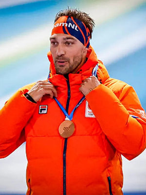 Recreated Milano Cortina 2026 Winter Olympics Opening Ceremony Team Netherlands Kjeld Nuis puffer jacket in orange with bold insulated design
