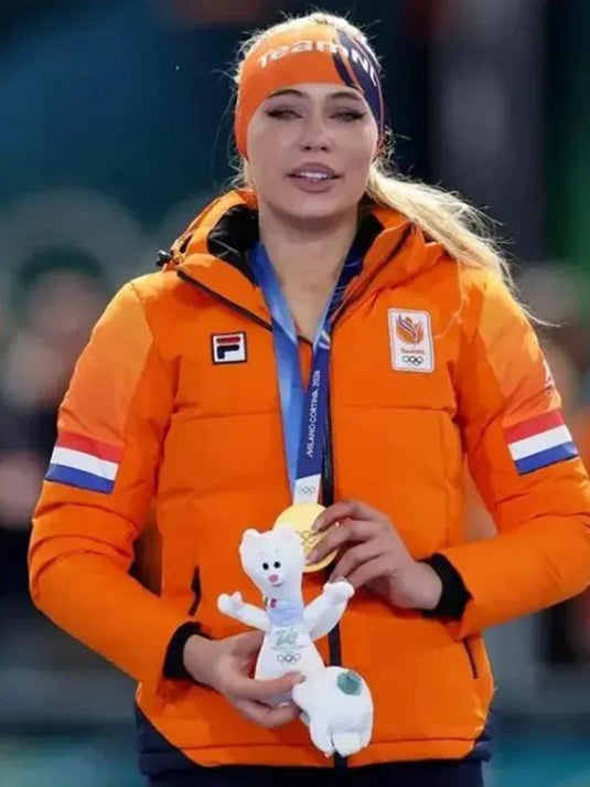 Milano Cortina 2026 Winter Olympics Team Netherlands orange puffer jacket inspired by Jutta Leerdam’s national parade look