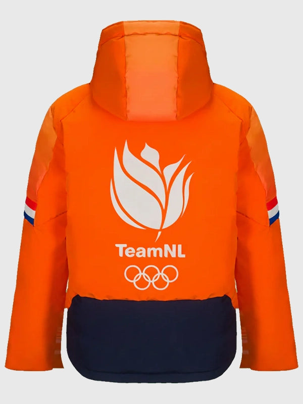 Bright orange Team Netherlands opening ceremony puffer jacket Milano Cortina 2026 design with comfortable padded insulation