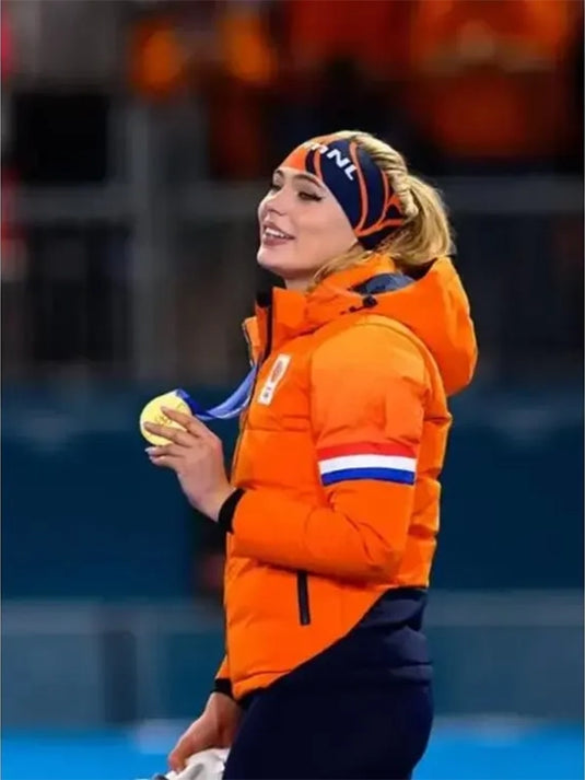 Dutch orange puffer jacket for Team Netherlands at the Milano Cortina 2026 Winter Olympics with athletic silhouette