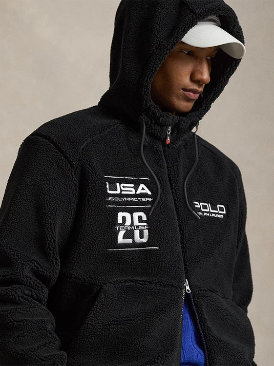 Polo Ralph Lauren Team USA Olympic hoodie in black featuring cozy pile fleece and full-zip design