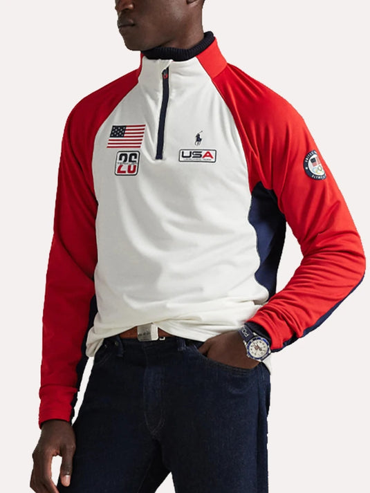 Red and white quarter zip fleece pullover jacket by Polo Ralph Lauren featuring Team USA Milano Cortina 2026 Winter Olympics inspired styling