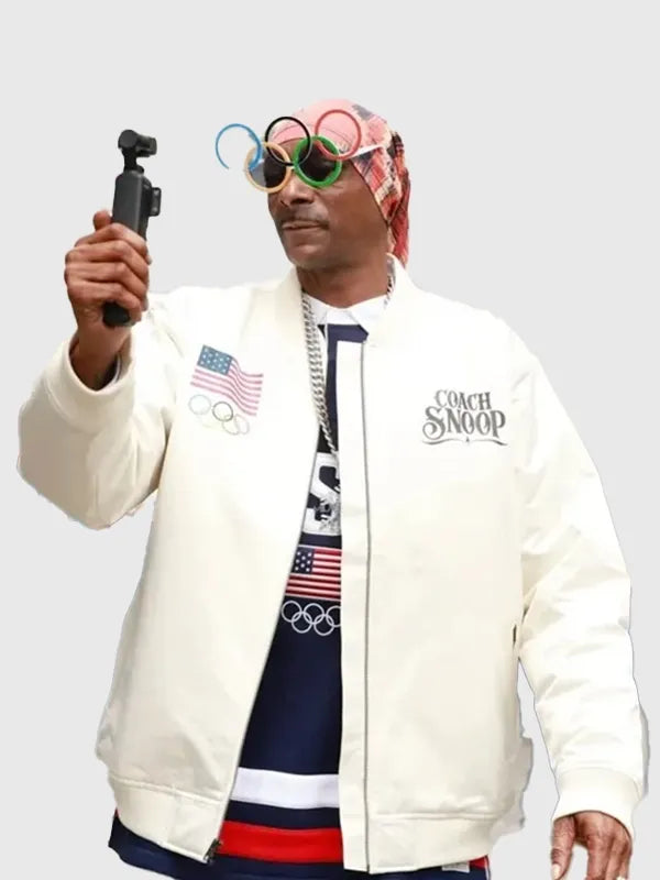 White satin Snoop Dogg Team USA 2026 Olympic jacket built for lightweight warmth and standout street style
