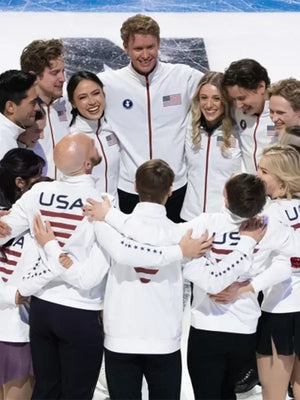 Recreated Milano Cortina 2026 Winter Olympics Save The Duck US Figure Skating Team jacket in white quilted fabric with sleek insulated feel