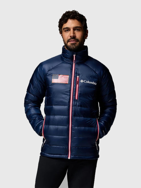 Navy down puffer jacket inspired by the Milano Cortina 2026 Winter Olympics featuring Team USA styling and cold-weather comfort