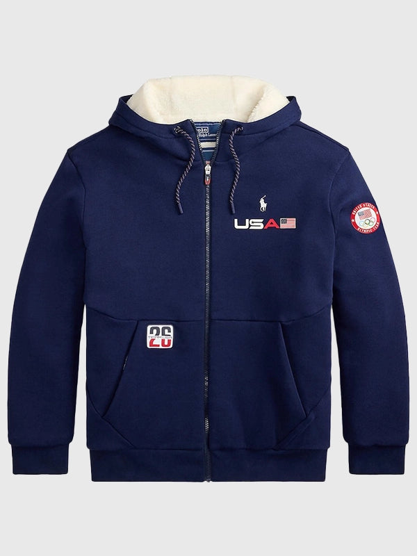 Polo Ralph Lauren Team USA navy blue fleece sherpa hoodie inspired by Milano Cortina 2026 Winter Olympics style