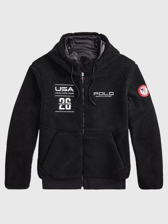 Polo Ralph Lauren Team USA 2026 Milano Cortina Olympic black pile fleece full-zip hoodie with soft textured fabric