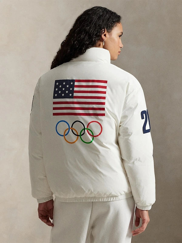 Team USA inspired white graphic down puffer jacket from Polo Ralph Lauren with quilted construction and cold-weather comfort