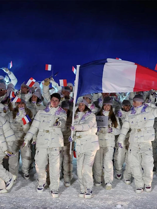 Milano Cortina 2026 Team France hooded puffer jacket featuring a unisex fit and beige winter-ready design