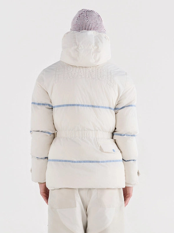 Beige hooded puffer jacket inspired by Team France Winter Olympics 2026 opening ceremony style