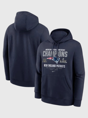 Recreated 2025 New England Patriots AFC Champions Team Nation pullover hoodie with clean athletic styling