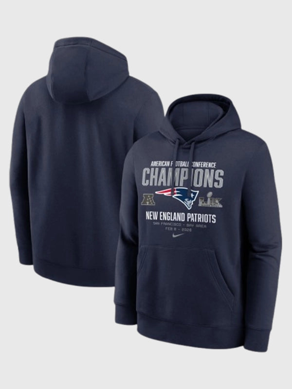 Recreated 2025 New England Patriots AFC Champions Team Nation pullover hoodie with clean athletic styling