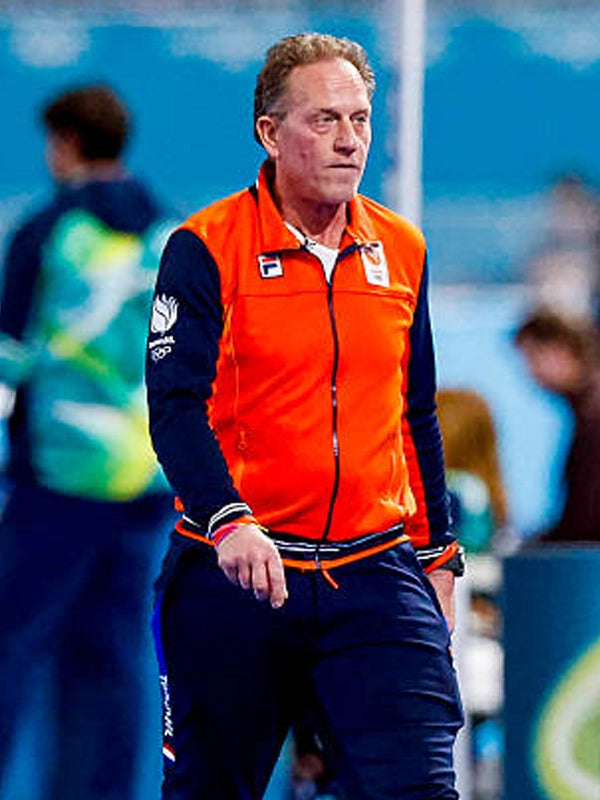 Team Netherlands orange and navy varsity jacket inspired by Coach Rintje Ritsma with striped trims and comfortable interior lining