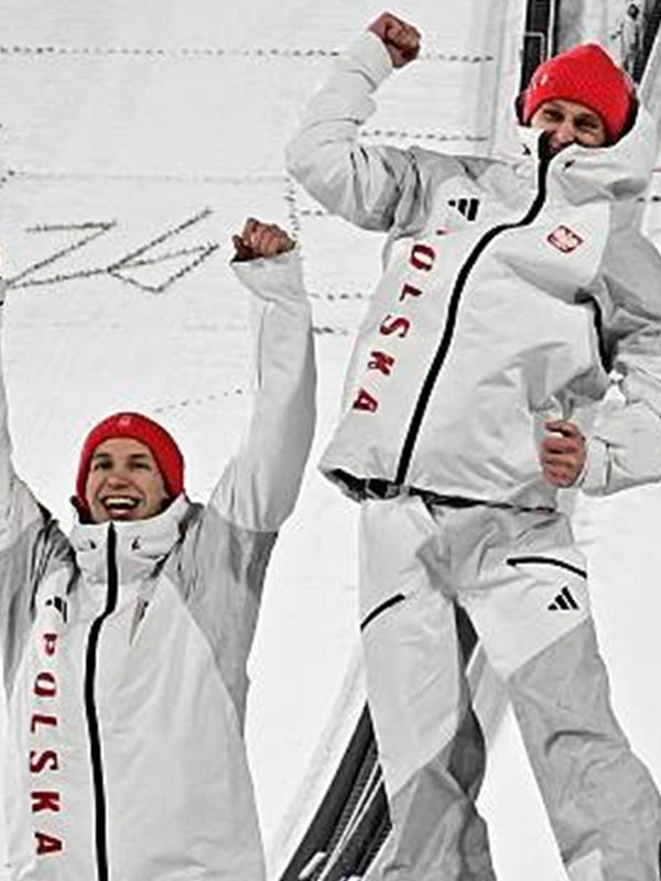 Recreated Milano Cortina 2026 Winter Olympics Team Poland unisex jacket featuring adjustable hood and smooth front zipper