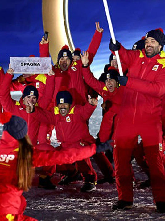 Recreated Team Spain Joma Sport anorak jacket in red from the Milano Cortina 2026 Winter Olympics Opening Ceremony collection with hooded design.