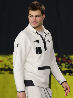 Recreated grey quarter zip jacket with Nike Tech Fleece fabric, styled after Drake Maye’s 2026 Super Bowl LX Opening Night appearance for the Patriots.