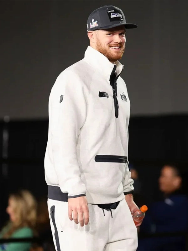  Grey Nike Tech Fleece quarter zip jacket recreated from the Seattle Seahawks Super Bowl LX Opening Night 2026 collection featuring subtle logo accents.