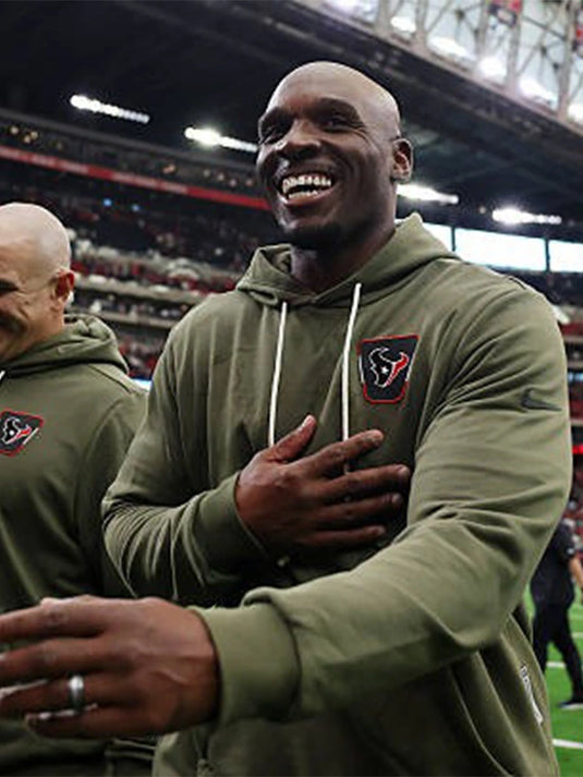 Olive green fleece hoodie from Houston Texans 2025 Salute to Service collection celebrating team pride and service.
