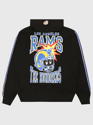 Unisex black hoodie recreation from The Hundreds x Los Angeles Rams combining sporty flair with everyday wear.