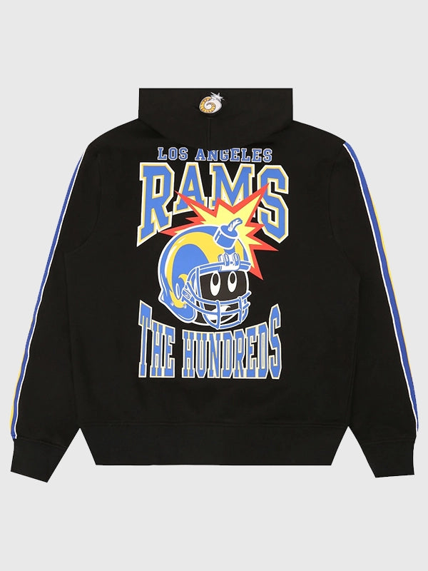Unisex black hoodie recreation from The Hundreds x Los Angeles Rams combining sporty flair with everyday wear.