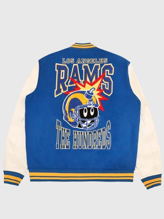 Recreation unisex The Hundreds x Los Angeles Rams blue varsity jacket featuring signature team-inspired graphics.