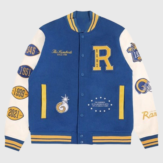 Unisex blue The Hundreds x Los Angeles Rams varsity jacket recreation crafted with rib-knit cuffs and premium fabric.