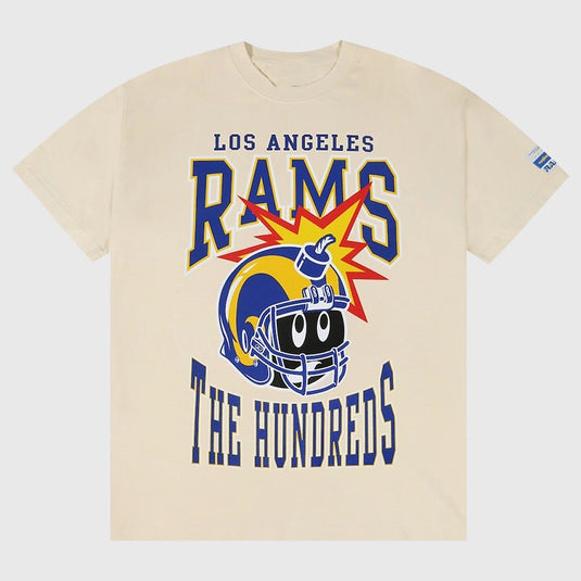 The Hundreds x Los Angeles Rams beige bone T-shirt recreation offering relaxed fit and minimalist athletic design.