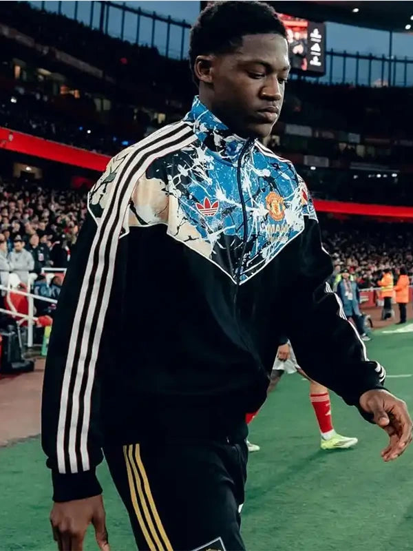 Recreated The Stone Roses x Manchester United Adidas unisex black track jacket with classic collaboration styling