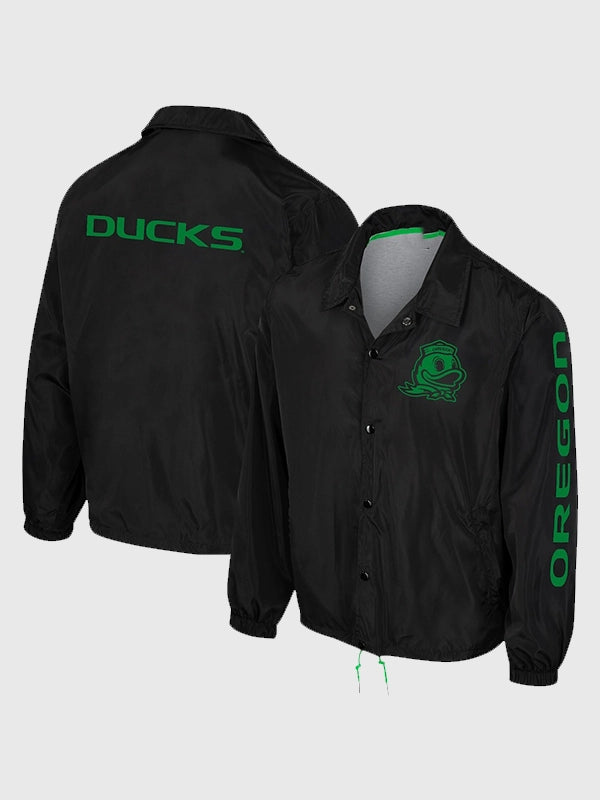 Black full-snap jacket inspired by Oregon Ducks coaches featuring The Wild Collective design and casual outerwear fit