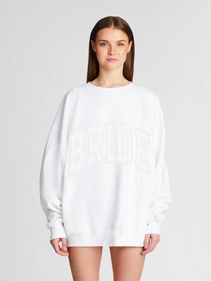 RECREATED The Bar 2026 Bride Fleece Pullover Oversized Sweatshirt in White featuring soft fleece fabric with a relaxed oversized silhouette