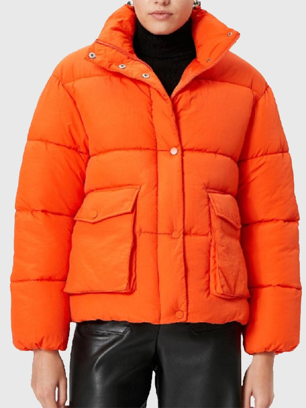 Unisex Zendaya The Drama 2026 Emma Harwood parachute puffer jacket recreated in orange with relaxed fit and standout outerwear appeal