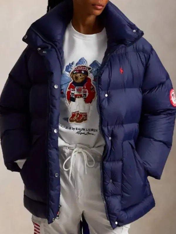 Today 2026 Hoda Kotb Team USA blue puffer coat with stand collar and comfortable insulated lining