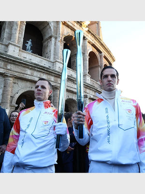 RECREATED white Torchbearer jacket with full-zip design inspired by the Milano Cortina 2026 Winter Olympics