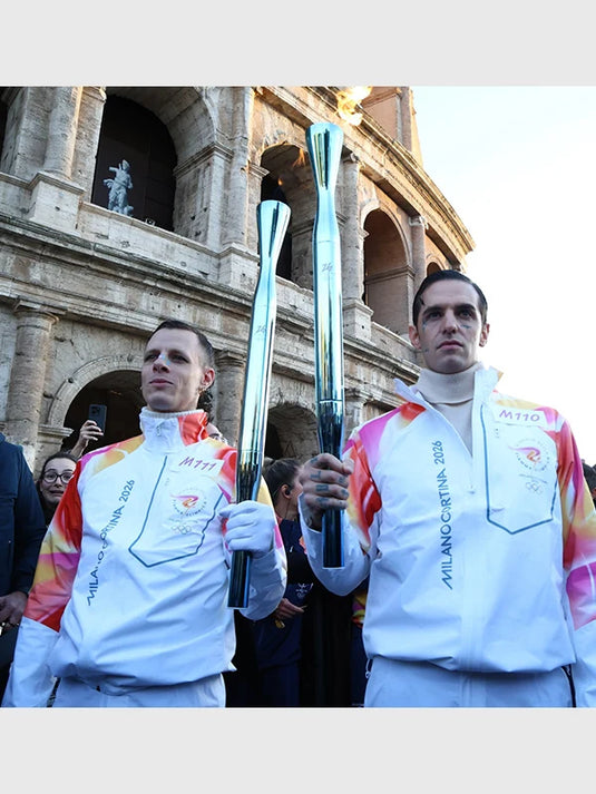 RECREATED white Torchbearer jacket with full-zip design inspired by the Milano Cortina 2026 Winter Olympics