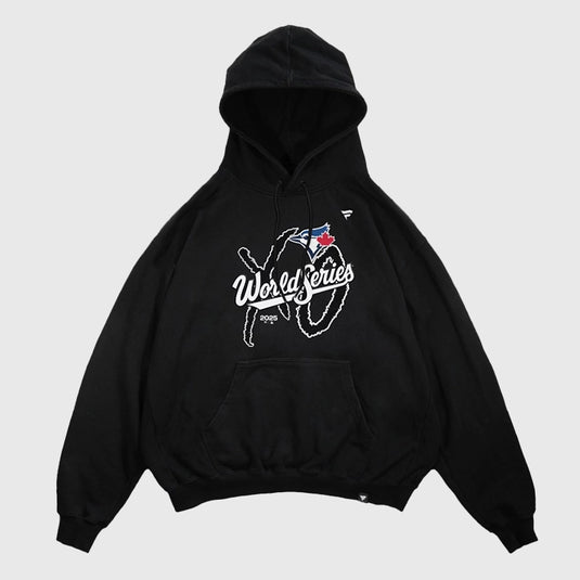 Toronto Blue Jays x The Weeknd Fanatics 2025 World Series Legacy Hoodie in black with signature collab detailing.