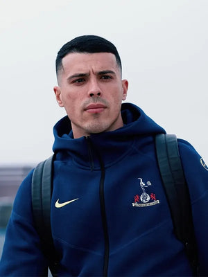 RECREATED Tottenham Spurs FC Nike 2025/26 Navy Tech Fleece Hoodie with T90 styling, soft fleece material, and sporty everyday comfort