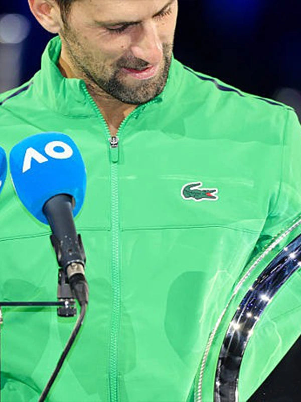 RECREATED Lacoste Australian Open 2026 Final Novak Djokovic green full-zip jacket with sleek tennis-inspired design