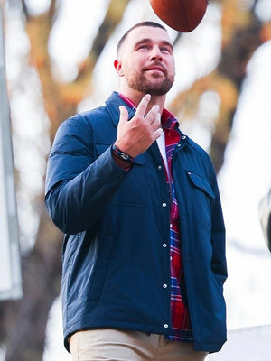 Recreated Travis Kelce 2026 Tommy Hilfiger campaign black puffer jacket with insulated design and sleek modern styling