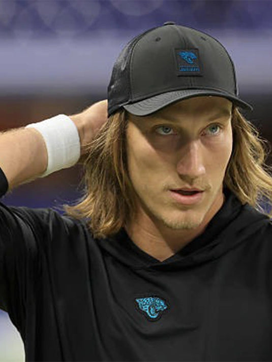 Trevor Lawrence inspired black lightweight hooded pullover T-shirt featuring Jacksonville Jaguars sideline styling