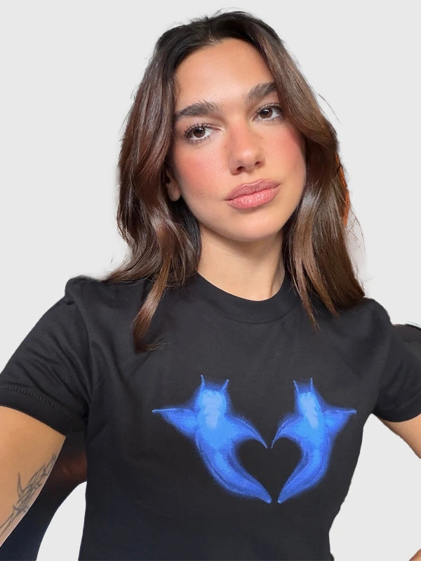 Recreated Dua Lipa 2026 Two Hearts crewneck T-shirt in black with standout printed motif and comfortable fit