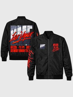 Recreated UFC 326 Las Vegas BMF Lightweight full-zip bomber jacket in black featuring sleek athletic styling and ribbed trim