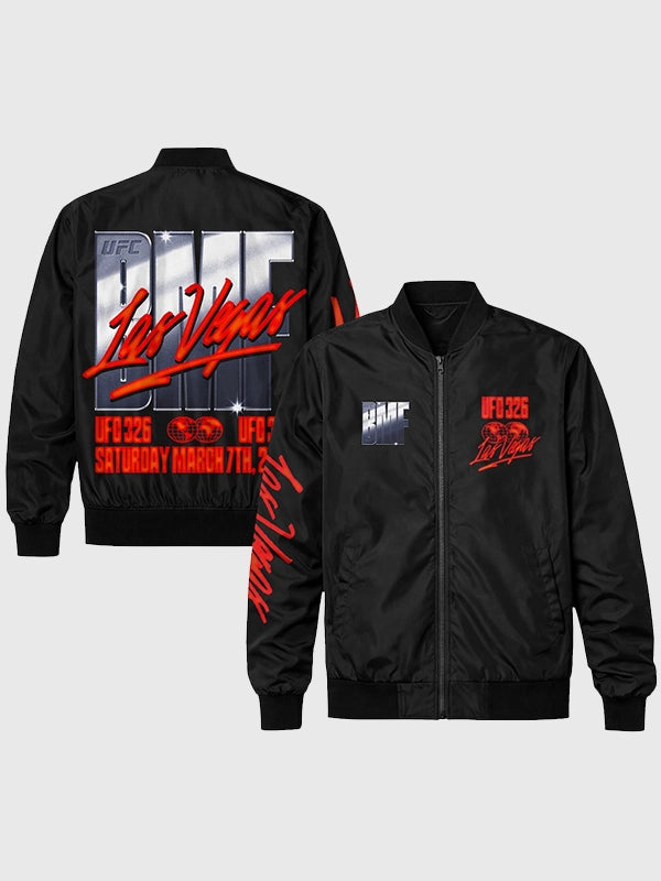 Recreated UFC 326 Las Vegas BMF Lightweight full-zip bomber jacket in black featuring sleek athletic styling and ribbed trim